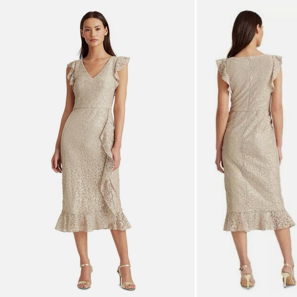 Ralph Lauren Lace Midi Dress with Ruffle Sleeve and Hem in‎ Champagne Size 2